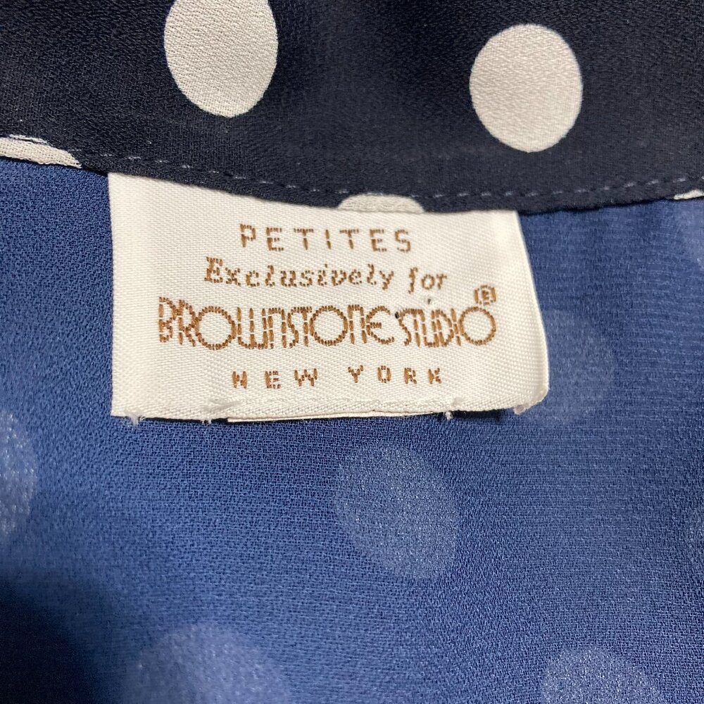 VINTAGE Brown Stone Studio Midi Dress Button Front Blue Polka Dot Cottage Sheer - Picture 7 of 13